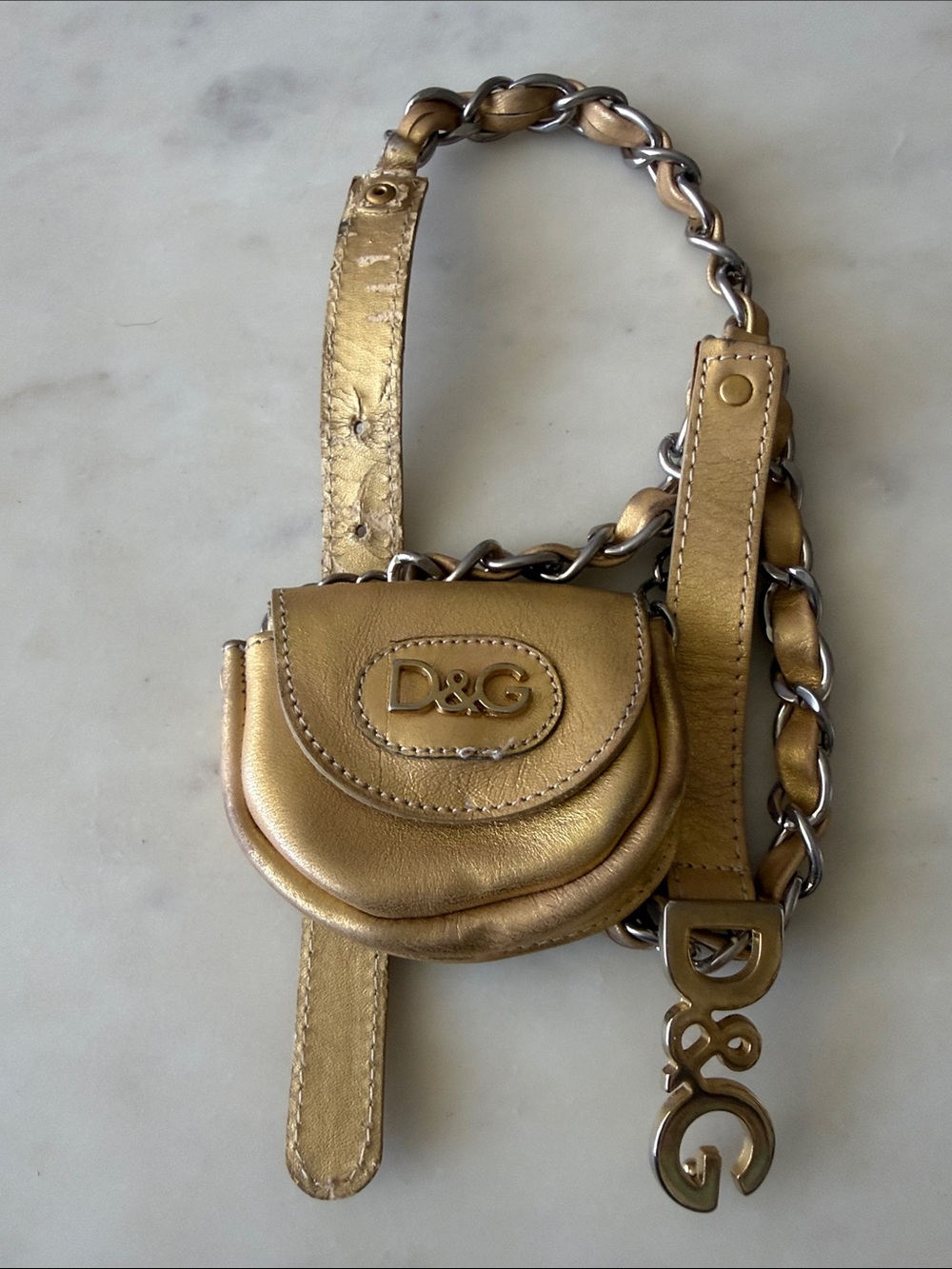 D&G Gold Leather Mini Belt Bag with Chain and Logo Charm